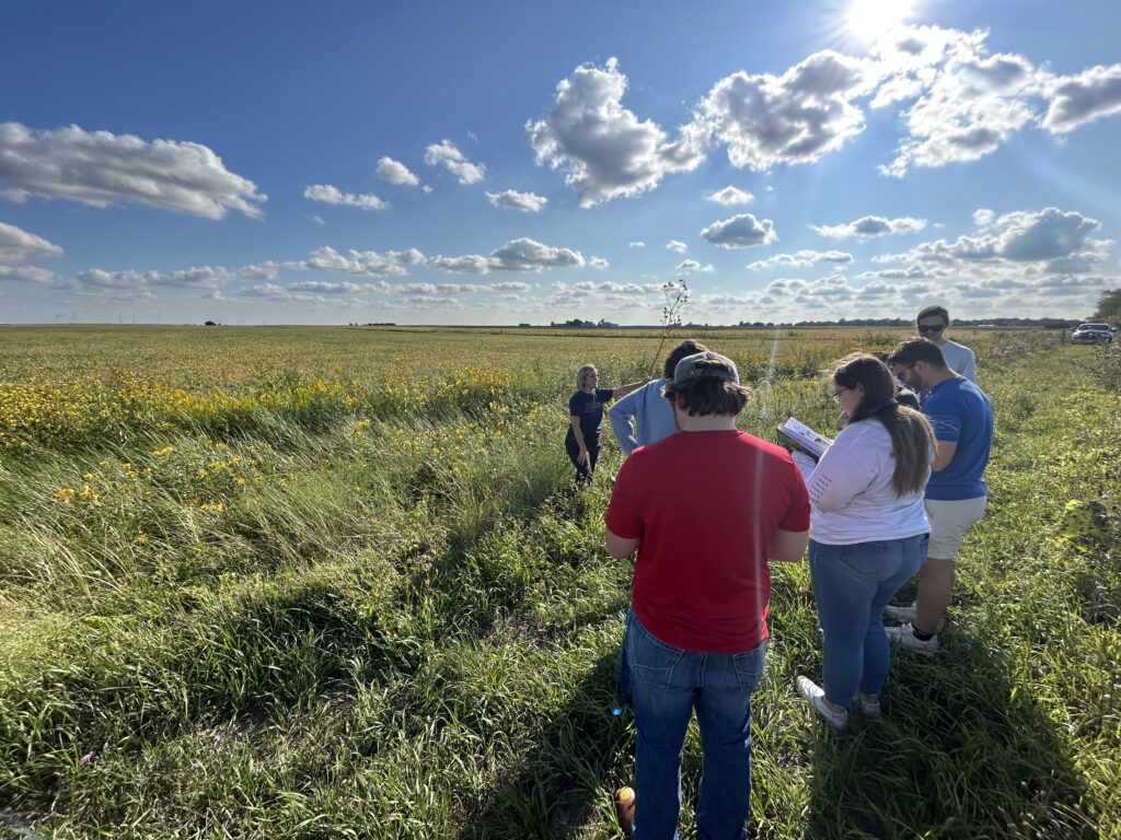 Students listen to Sarah Livesay, Executive Director of the Grand Prairie Friends, at the Shortline Railroad Prairie site. 